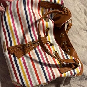 Liz Claiborne Multicolor Striped Canvas Shoulder Bag with Tan Trim